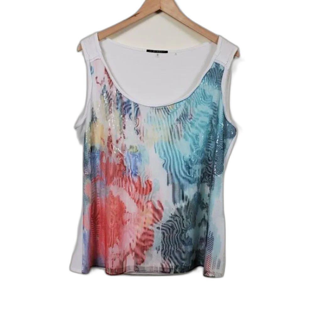 Elie Tahari Sleeveless Sequins Top Women Size L White Watercolor Blue Red